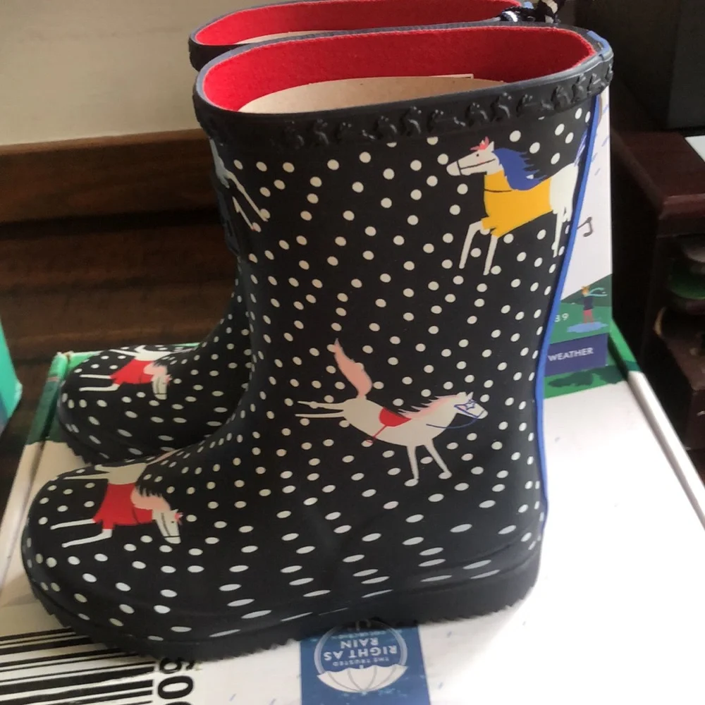Joules Navy Polka Dot Unicorn Kids Rain Boots